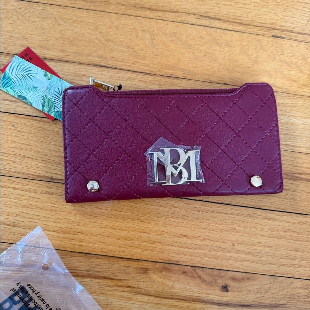 Badgley mischka wine long card wallet with gold details NWT